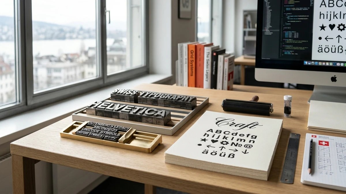 Composición de bloques de tipos móviles y diseño tipográfico en taller suizo